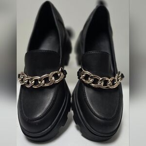 Open edit black ellie lug loafer heels chunky with gold chain accent shoes
